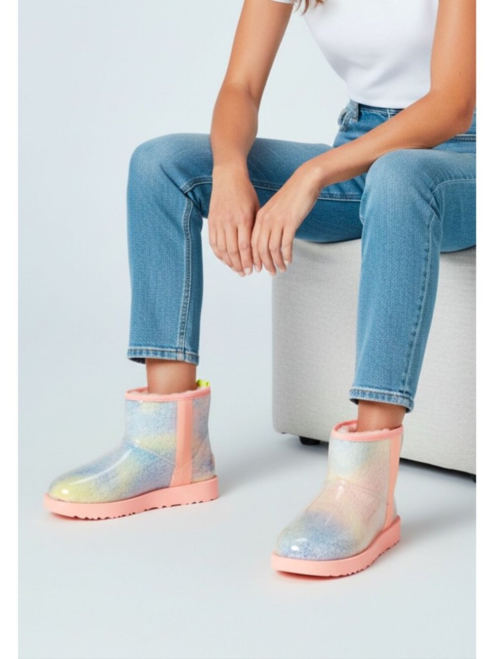 Rainbow Gradient Womens Ankle Boots With Transparent Glossy Outer Layer & Pink S